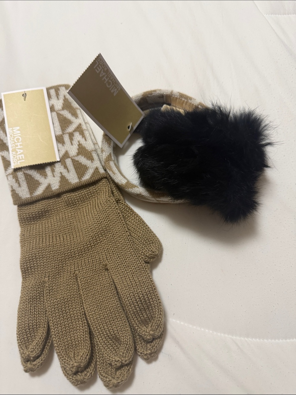 Michael Kors Tan Knit Gloves with Black Faux Fur Ear Warmer